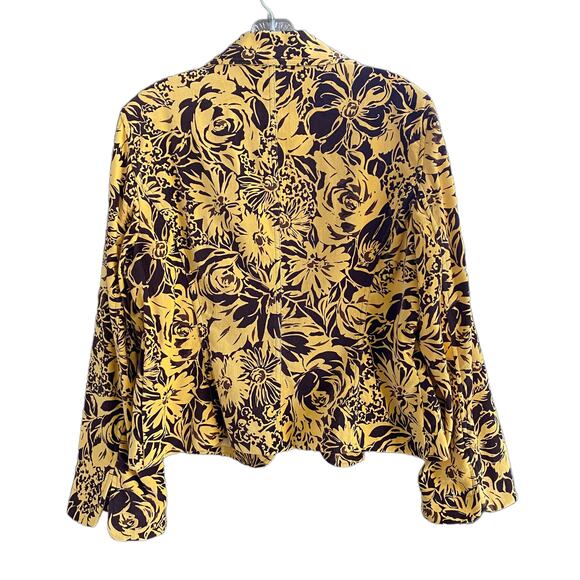 Boho Velvet Blazer Sz 12 Yellow & Brown Floral A-LINE Jacket Zip Front Pockets - Picture 6 of 13